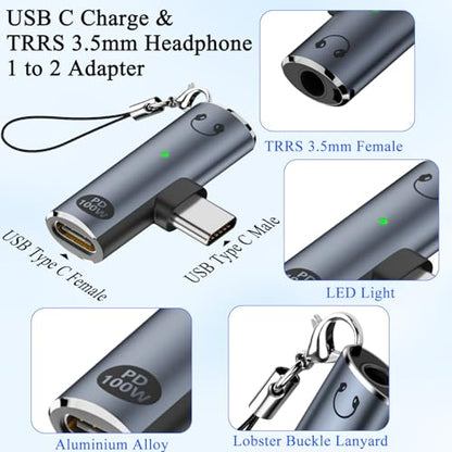 QIANRENON PD100W USB C Charging Headphone 2 in 1 Adapter USB Type C Male to Type C Female & TRRS 3.5mm Female Connector USB C Phone Fast Charge 3.5mm Headset Converter,with LED Light,Hanging Hole