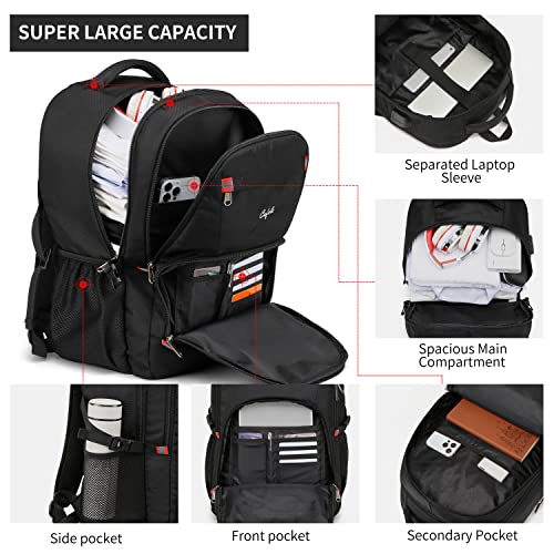 17.3 inch Laptop Backpack,Large Backpack Computer Bookbag Rucksack with USB Charging Port,Water Resistant Sturdy Backpack for Business College School Travel,Men Women Casual Daypack,Black - color: Black