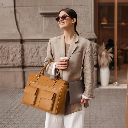 Kattee Leather Briefcase for Women, 15 Inches Laptop Bag, Work Tote with Luggage/Shoulder Strap - color: Brown