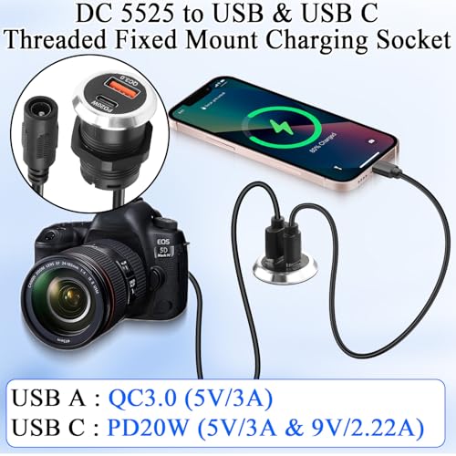 QIANRENON DC 5525 to USB A & USB C Desktop Flush Mount Charging Connector DC 5.5×2.5mm Female to Type A + Type C Female Threaded Fixed Mount Adapter Cable QC3.0 PD20W, for Desk Furniture, 0.9m/2.9ft