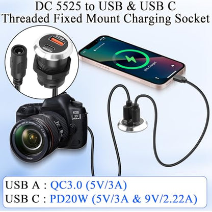 QIANRENON DC 5525 to USB A & USB C Desktop Flush Mount Charging Connector DC 5.5×2.5mm Female to Type A + Type C Female Threaded Fixed Mount Adapter Cable QC3.0 PD20W, for Desk Furniture, 0.9m/2.9ft