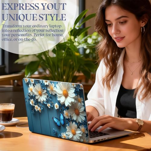 Universal Laptop Skin Sticker Decal,15.6 Inch Laptop Vinyl Cover for 13" 14" 15.6" Laptop,Scratch-Resistant Waterproof Protector Wrap,Reusable with Wrist Pads,Daisies and Blue Butterflies - color: Daisies and Blue Butterflies