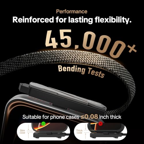 MFish 240W USB-C Cable with Foldable Stand, 3.93FT | 90° T-shaped plug, PD 3.1, E-Marker chip, 45,000 bend test, slim-case fit - color: Black
