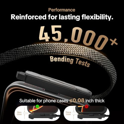MFish 240W USB-C Cable with Foldable Stand, 3.93FT | 90° T-shaped plug, PD 3.1, E-Marker chip, 45,000 bend test, slim-case fit - color: Black