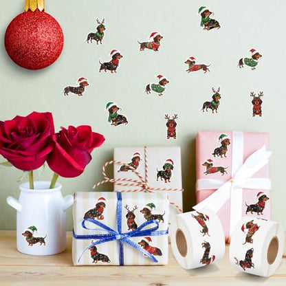 Haooryx Christmas Dachshund Sticker Roll - 1000 Pcs Cute Sausage Dog String Light Waterproof Vinyl Reusable Laptop Sticker Coloring Book Scrapbook Water Bottle Page Activity Pad Party Favor Skateboard - style: Christmas Dachshund