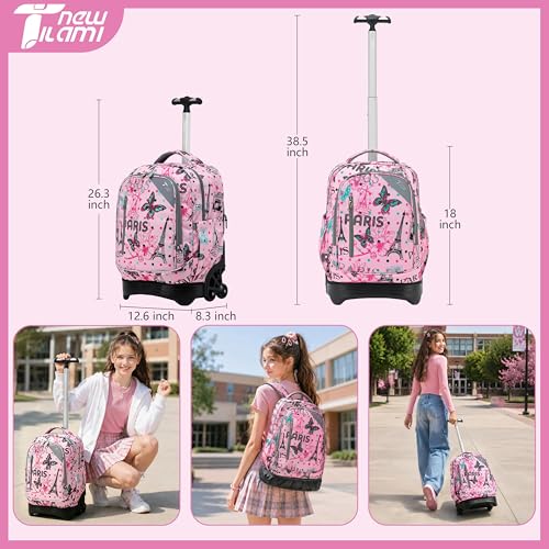 NEW TILAMI 18 Inch Rolling Backpack with Lunch Bag for Girls Boys School | 6-Wheel Stair-Climbing Girls Boys Carry-on Suitcase Water-Resistant Adjustable Trolley Handle Wheels School Travel Camping - color: Pink Romantic Paris