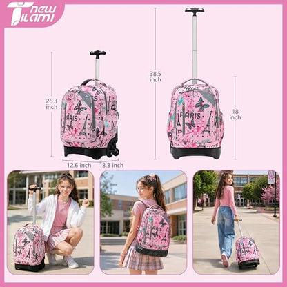 NEW TILAMI 18 Inch Rolling Backpack with Lunch Bag for Girls Boys School | 6-Wheel Stair-Climbing Girls Boys Carry-on Suitcase Water-Resistant Adjustable Trolley Handle Wheels School Travel Camping - color: Pink Romantic Paris