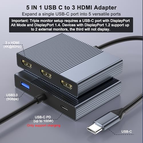USB C to 3 HDMI Adapter with PD 100W/USB3.0, 4K@60Hz 3 Way HDMI Splitter Extended Display for 3 Monitors, Triple Monitor Docking Station for Dell/HP/Mac Laptop, SST/MST USBC Hub for Multiple Monitors