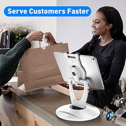 360 Rotating Tablet Stand for POS Kiosk & Desk, Foldable iPad Holder with Phone Organizer Base, Swivel Counter Mount for Retail & Office, Fits iPad Pro 12.9, Air, Mini, All 4-13” Devices - color: White