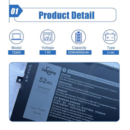 722KK 52Wh Laptop Battery Replace for Dell XPS 13 9300 (2020 Edition) XPS 13 9310 (2020 Edition) XPS 13 9380 (2020 Edition) P117G P117G002 P117G001 Series 02XXFW 2XXFW 0WN0N0 WN0N0 FP86V 7.6V 6800mAh - size: 10.52*4.07*0.17 inch 722KK