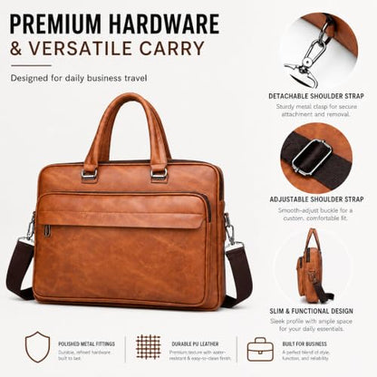 Men's Leather Laptop Bag 15 IN, Water-Resistant Briefcase Messenger Bag for Work, Business, Shoulder Crossbody Office Satchel - color: Khaki
