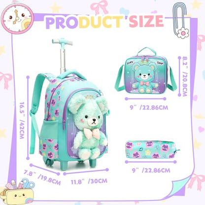 Meetbelify Rolling Backpack for Girls Backpacks with Wheels for Elementary Student Kids School Travel Bag for Girls Ages 6-8 Years Old - color: Green