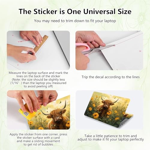 Laptop Skin Sticker Decal, Universal Reusable Vinyl Laptop Cover for 12" 13" 13.3" 14" 15" 15.4" 15.6" Notebook PC, Reusable Waterproof Scratch-Resistant with 2 Wrist Pads,Art Highland Cow Flowers - color: Art Highland Cow Flowers