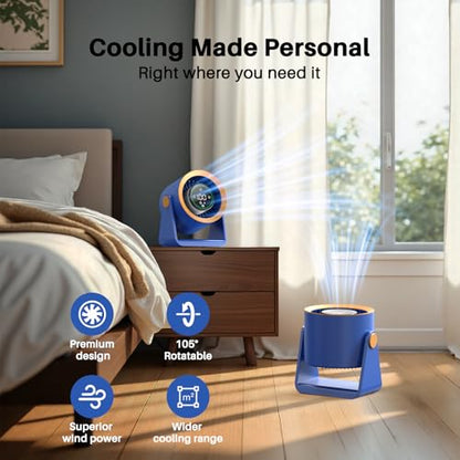 Ausic Powerful Desk Fan Rechargeable Battery Powered, 15200mAh Small Turbo Bedside Fans for Cooling and Sleep, Personal USB Fans With LED Light, Digital Display, 105° Tilt, 0-100% Speed - color: Blue