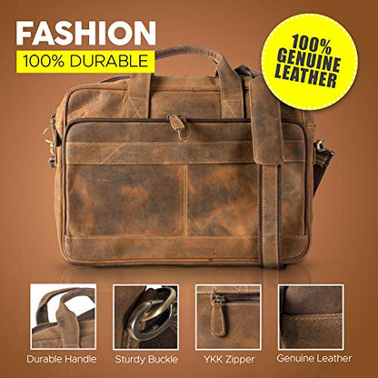 KomalC Leather briefcase 16 inch Laptop Messenger Bag for Men and Women Best Office Satchel Bag - color: Distressed Tan