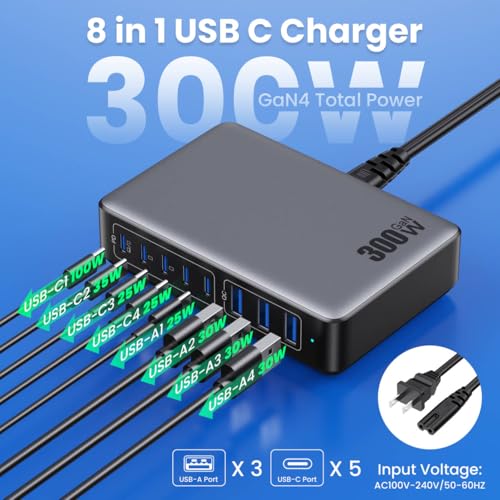 USB C Charger 300W USB C Charger Block,Upgraded GaN IV 8-Port Fast Charging Station Hub,PD 100W Laptop Charging Adapter Compatible with MacBook Pro/Air,DELL,Steam Deck,iPhone 16/15/14,Galaxy S23/22 - color: Black, size: 300W
