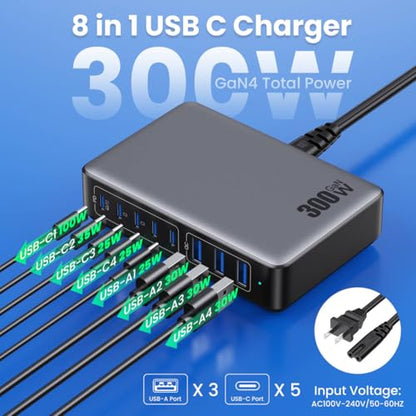 USB C Charger 300W USB C Charger Block,Upgraded GaN IV 8-Port Fast Charging Station Hub,PD 100W Laptop Charging Adapter Compatible with MacBook Pro/Air,DELL,Steam Deck,iPhone 16/15/14,Galaxy S23/22 - color: Black, size: 300W
