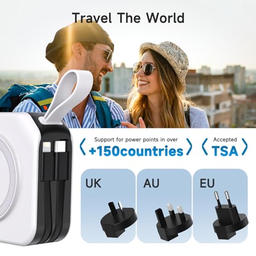 Powerpack Universal 5 in 1 Travel Power Bank - for Magsafe Battery Pack,10000mAh Power Bank with Built in Cable - Wireless Portable Charger for iPhone 15/15 Pro/ProMax, iPhone 14/13/12 Series - color: White