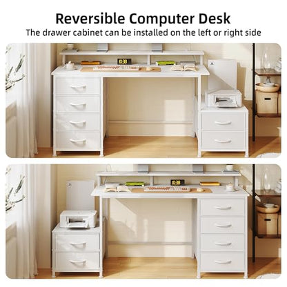52 Inch Office Desk with 6 Drawers and Printer Space for Storage, Reversible Computer Desk with Monitor Stand & Power Outlets, Home Office Desks, White - color: White