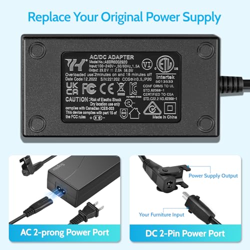 Sopito 29V 2A Recliner Power Supply 2 Pin, AC/DC Adapter 100-240V 50/60hz with Longer Power Cord, Power Supply Transformer Recliner Replacement Parts for Lift Chair/Electric Couch/Standing Desk - size: Power Brick