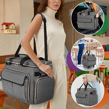 LUXJA Rolling Teacher Bag with Laptop Compartment and Detachable Dolly, Multifunctional Rolling Briefcase with Accordion File Area (Patented), Gray - color: Gray
