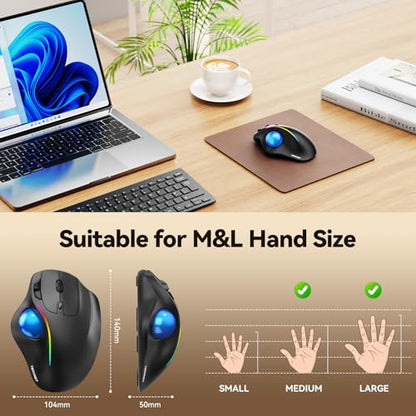 TECKNET Wireless Trackball Mouse, Bluetooth Mouse with Ergonomic, Black | 3-Device Connectivity (Bluetooth & 2.4G), 5 Adjustable DPI, RGB Lighting, PC, Mac & Laptop Compatible - color: Black