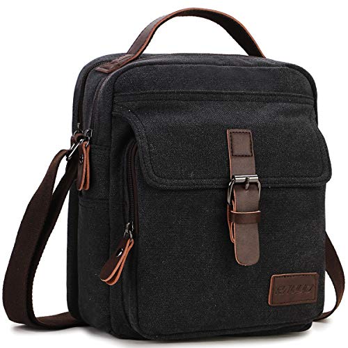 RAVUO Small Messenger Bag for Men, Water Resistant Canvas Satchel Purse Vintage Shoulder Crossbody Bag for Travel Work - color: Black