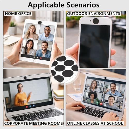 Stackable Vinyl Webcam Privacy Stickers, 12 Sheets Low-Tack Restickable Camera Covers in 3 Sizes, Black Webcam Blocker Set ﻿