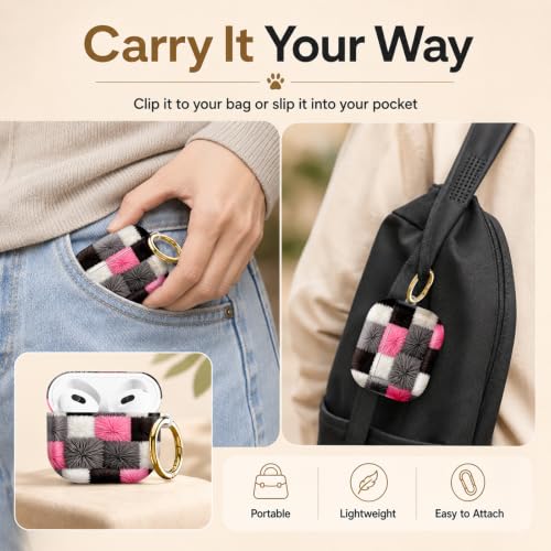 Compatible with AirPod 4 Case 2024, Cute Hard Plastic Protective Cover for Airpod 4th Generation Women, Shockproof Shell Skin with Gold Ring Keychain,Black White Gray Checkered - color: Black White Gray Checkered