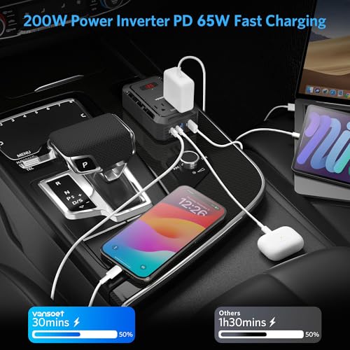 200W Car Power Inverter DC 12V to 110V AC Inverter with PD 65W/30W USB C & 2 QC 18W USB Ports & 2 AC Outlets,Car Pluɡ Adapter Outlet for Laptop/Phone/Road Trip - color: Black