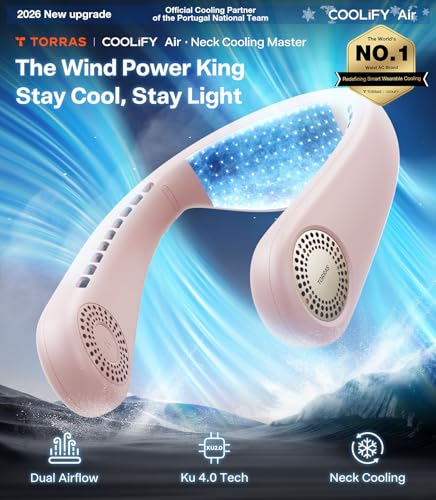 TORRAS COOLiFY Air 2026 Upgraded Neck Fan Air Conditioner, Ultra-Light Portable Fan Rechargeable, Personal Cooling Neck with 3 Modes Fan/Cooler/Heat for Travel, Camping, Outdoor Gift for Women, Pink - color: Pink