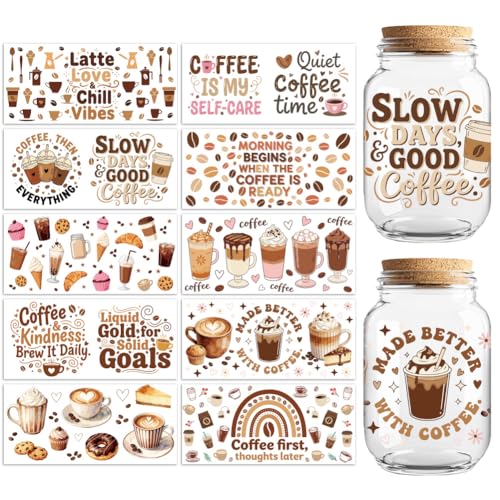 Peacoblue UV DTF Cup Wraps Transfer Stickers Coffee Drinks Pattern, 10 Sheets Waterproof Custom Vinyl Transfer Sticker 16oz Coffee Glass Cup Tumbler Bottle Mug Decals for Men Women - style: Coffee Drinks