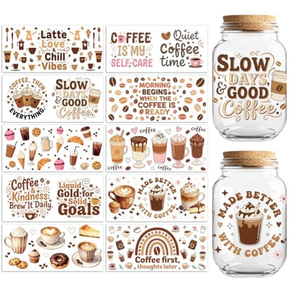 Peacoblue UV DTF Cup Wraps Transfer Stickers Coffee Drinks Pattern, 10 Sheets Waterproof Custom Vinyl Transfer Sticker 16oz Coffee Glass Cup Tumbler Bottle Mug Decals for Men Women - style: Coffee Drinks