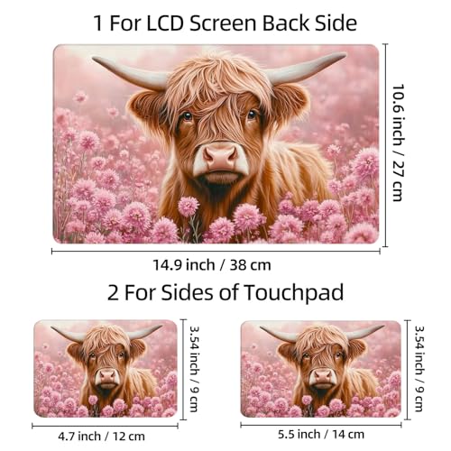 Universal Laptop Skin Sticker Decal, 12"-15.6" Aesthetic Vinyl Wrap, Highland Cow Pink Flowers Waterproof Notebook Cover Art Protector for MacBook HP Dell Lenovo, Fits 13" 14" 15" 15.6" - color: Highland Cow Pink Flowers