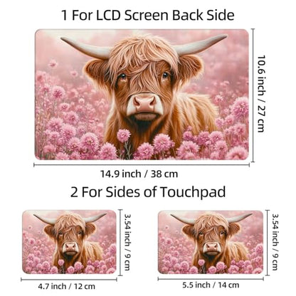 Universal Laptop Skin Sticker Decal, 12"-15.6" Aesthetic Vinyl Wrap, Highland Cow Pink Flowers Waterproof Notebook Cover Art Protector for MacBook HP Dell Lenovo, Fits 13" 14" 15" 15.6" - color: Highland Cow Pink Flowers