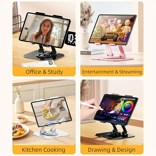 360° Rotatable Metal Tablet Stand, Adjustable Folding Desktop Stand for iPad/iPhone/Switch, Universal Use for Office/Movie/Studying/Drawing/Gaming - color: Black
