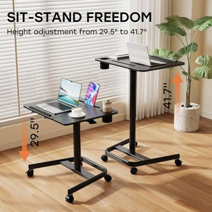 JOY worker Rolling Standing Desk, 60° Tiltable Mobile Laptop Desk, Black | Pneumatic Height Adjustable Cart, Portable Stand Up Desk with Wheels & Cup Holder for Office Home School, Holds Up to 22lbs - color: Black