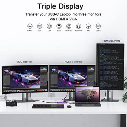 USB Docking Station GIQ USB C HUB USB 3.0 to Dual HDMI VGA Adapter Triple Display USB C Laptop Docking Station Dual Monitor HDMI Splitter Extender Compatible with MacBook M1 M2 M3 M4 M5 USB Dock - color: Purple