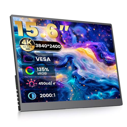 4K Portable Monitor - 15.6" UHD 3840 * 2400 16:10 450 Nits 135% sRGB IPS Screen with 2 USB-C & HDMI Ports for Laptop/Mac/PC/PS5/Xbox with Speakers Stand,VESA Compatible(Metallic Black)