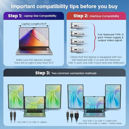 FLYTOCCA 16" Laptop Screen Extender, Updated 1200P FHD Portable Monitor with 16:10 Aspect Ratio Screen, Rotation Detachable Screen, Laptop Monitor Extender Compatible with Windows, Mac, Chrome