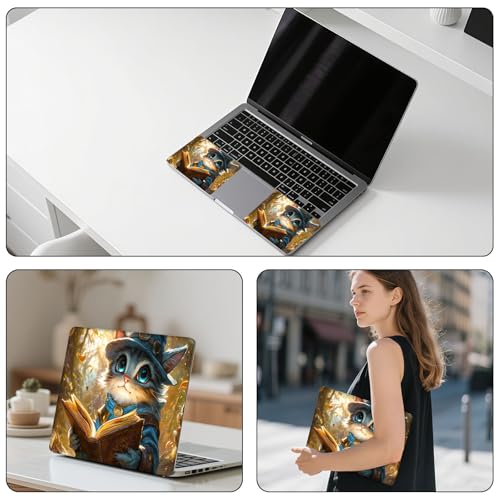 Aesthetic Laptop Skin Sticker, Little Mage Cat Reading in Woods Waterproof Vinyl Laptop Decal, Removable Bubble Free, Reusable Protective Cover for 13 14 15 15.6 Inch - color: Little Mage Cat Reading in Woods