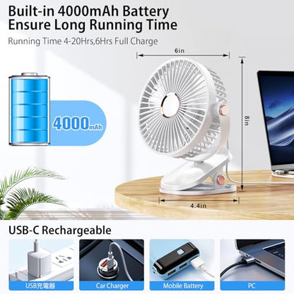 iNeibo 4000mAh Portable Clip on Fan with LED Lights, Battery Operated USB Desk Fan,4 Speed Quiet Rechargeable Mini Table Fan, 360° Rotate Personal Cooling Fan for Home Office Stroller Camping (White) - color: White
