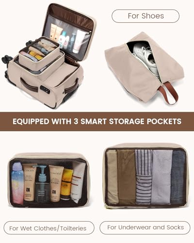 LOVEVOOK 5 Pcs Carry On Luggage 22x14x9 Airline Approved with 40L Laptop Travel Backpack, 20 Inch Carry On Suitcases with Wheels, Rolling Suitcase for Women Men, with TSA Lock Weekender Luggage - color: Light Khaki-beige-coffee, size: 20 Inch-5Pcs