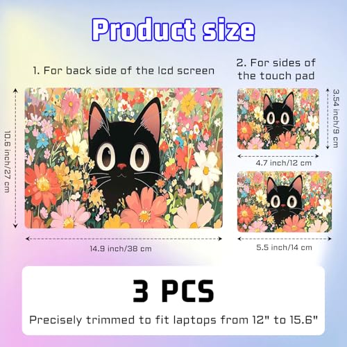 Universal Laptop Skin Sticker Decal, Compatible with MacBook HP Dell Lenovo 12"-15.6", Reusable Vinyl Notebook Cover 3PCS Set, High-Recognition Film-Black Cat in Florals - color: Black Cat in Florals