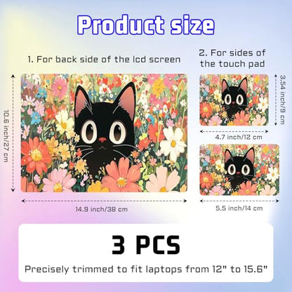 Universal Laptop Skin Sticker Decal, Compatible with MacBook HP Dell Lenovo 12"-15.6", Reusable Vinyl Notebook Cover 3PCS Set, High-Recognition Film-Black Cat in Florals - color: Black Cat in Florals