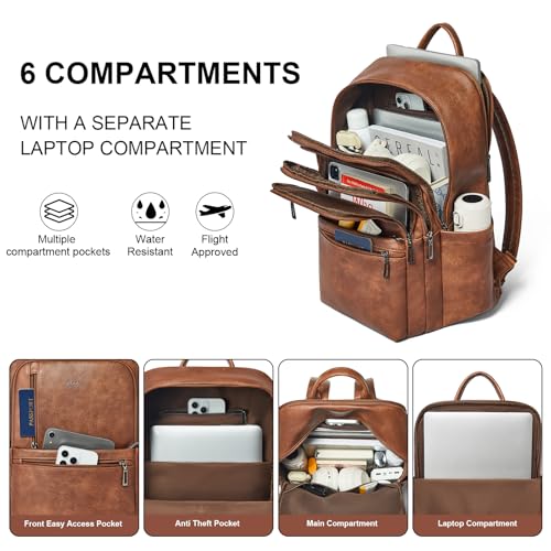 17 inch Leather Laptop Backpack for Women, Large Travel Backpack with 6 Compartments, Vegan Leather Computer backpack purse for Work Casual Daypack College - color: Brown