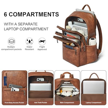 17 inch Leather Laptop Backpack for Women, Large Travel Backpack with 6 Compartments, Vegan Leather Computer backpack purse for Work Casual Daypack College - color: Brown