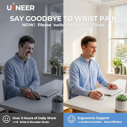 Uineer Ergonomic Wireless Vertical Mouse, 3-Mode Bluetooth 5.0/4.0 & 2.4GHz | Rechargeable, USB-A Receiver, Silent Computer Mouse for Laptop, Mac, iPad and PC, 4 DPI Levels, LED Light, 3-Device Switching