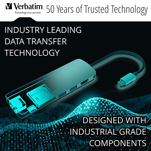 Verbatim 6-in-1 USB C Hub w/Dongle - USB Hub for Laptop w/ 2 USB 3.0, SD Card Reader, 4K HDMI, Ethernet, Compact & Portable USB-C Hub - color: 6 in 1 Hub Dongle