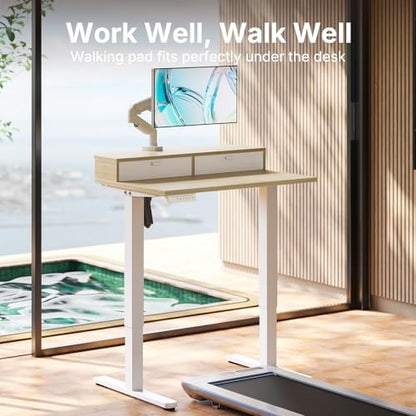 HUANUO 32" X 21" Electric Standing Desk with 2 Drawers, C-Clamp Mount Compatible, Height Adjustable Computer Desk, Home Office Stand Up Desk with 4 Preset Heights & 2 Hooks, Light Walnut - color: Light Walnut, size: 32" X 21"